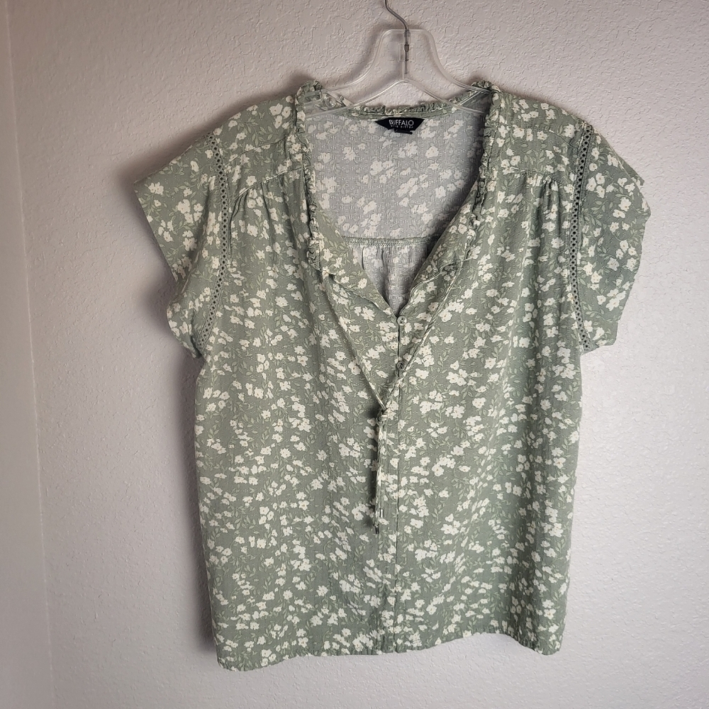 Buffalo David Britton Pullover Top Green Floral Design Women's Size Large